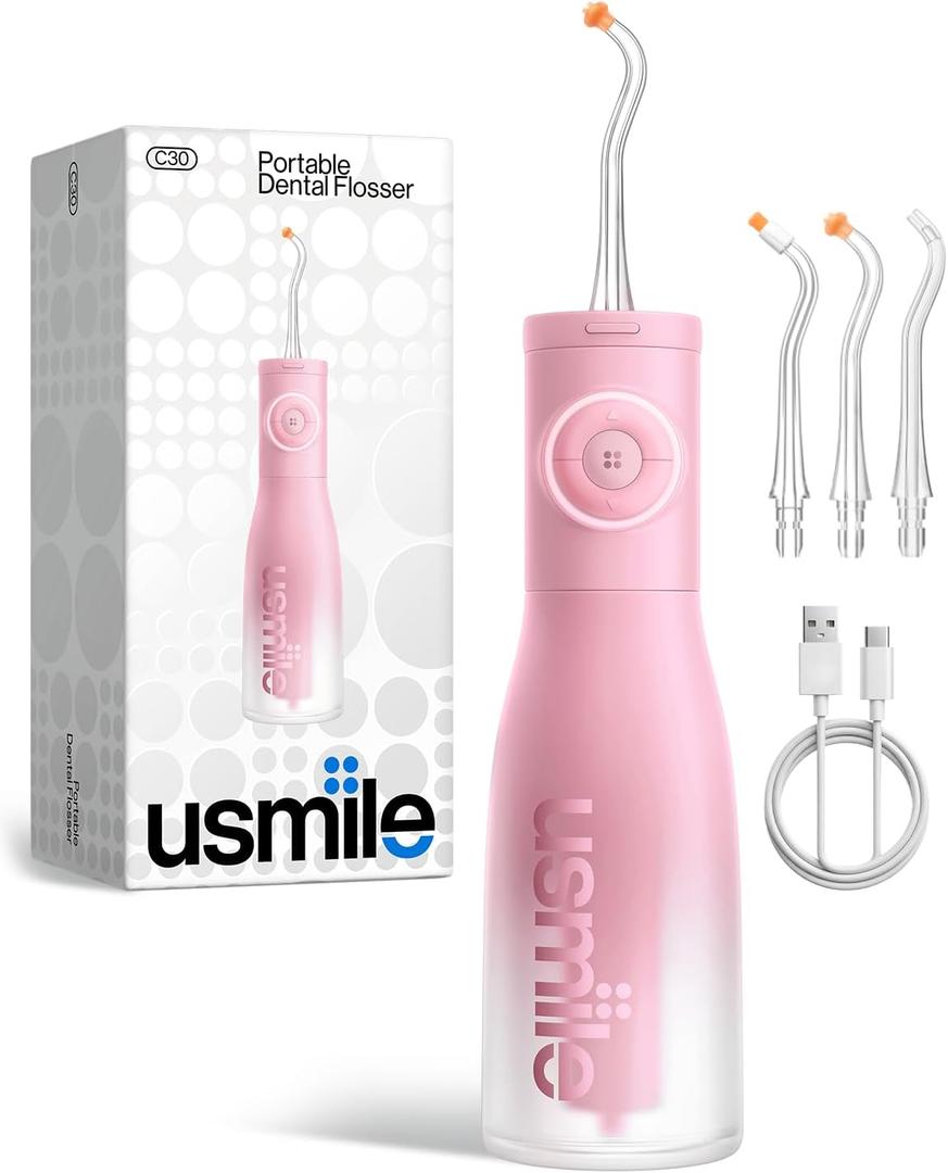 usmile C30 Cordless Water Flosser, 300ml Large Tank, 5 Pressure Levels Deep Clean, S-Shaped Nozzles for Braces & Sensitive Gums, USB-C Rechargeable, IPX7 Waterproof, Portable Travel & Home Use(Pink)