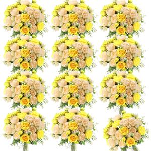 Geosar 16 Bundles Artificial Peonies Flowers Fake Silk Peony Bouquet Faux Peonies Flowers Bulk for Decoration Vase Floral Arrangements Wedding Party Table (Yellow, Champagne)