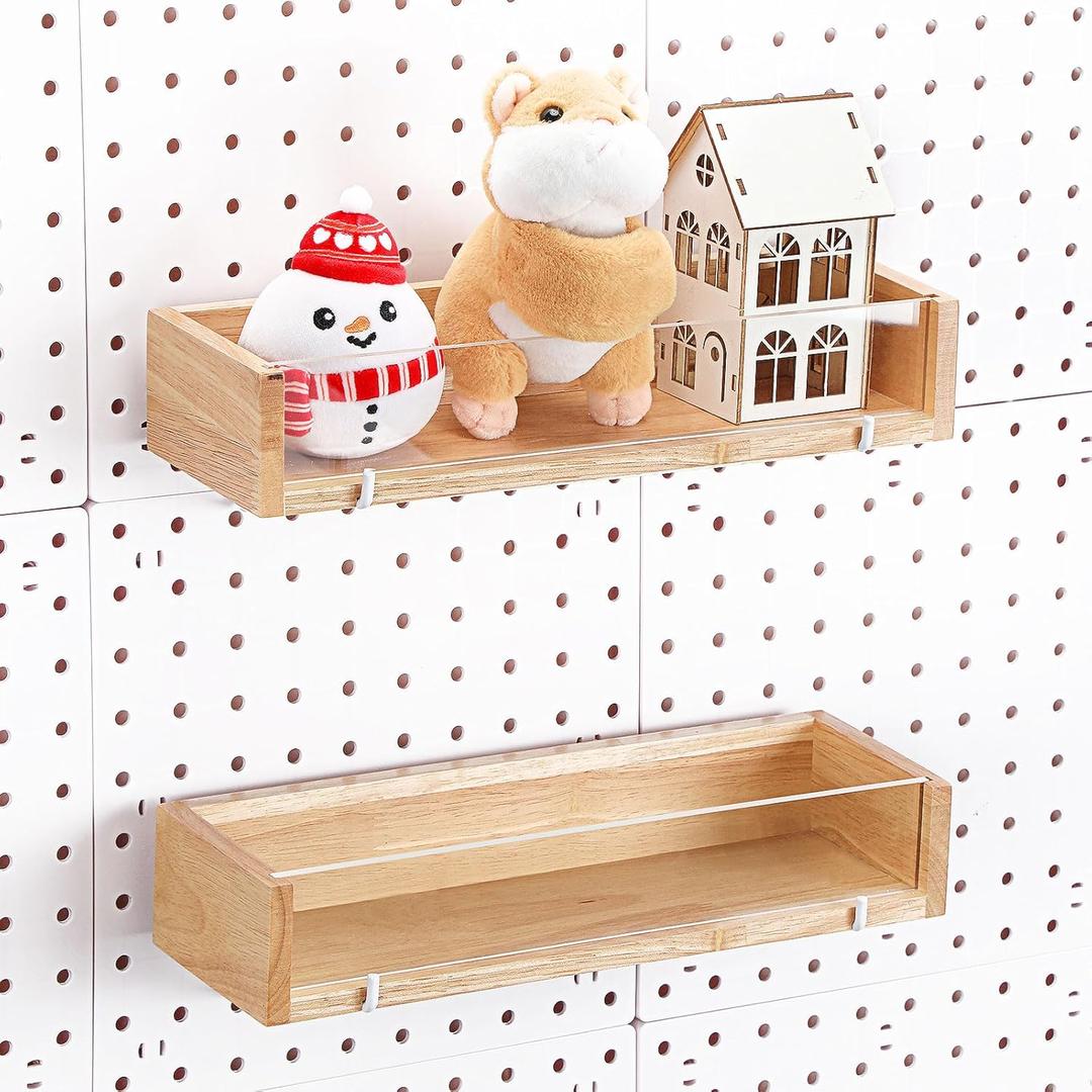 Marsui 2 Pcs Wooden Pegboard Shelf with Acrylic 12.2 x 3.94 Inch Wood Display Shelves Brackets with Metal Hooks Heavy Duty Pegboard Accessories for Storage and Organization