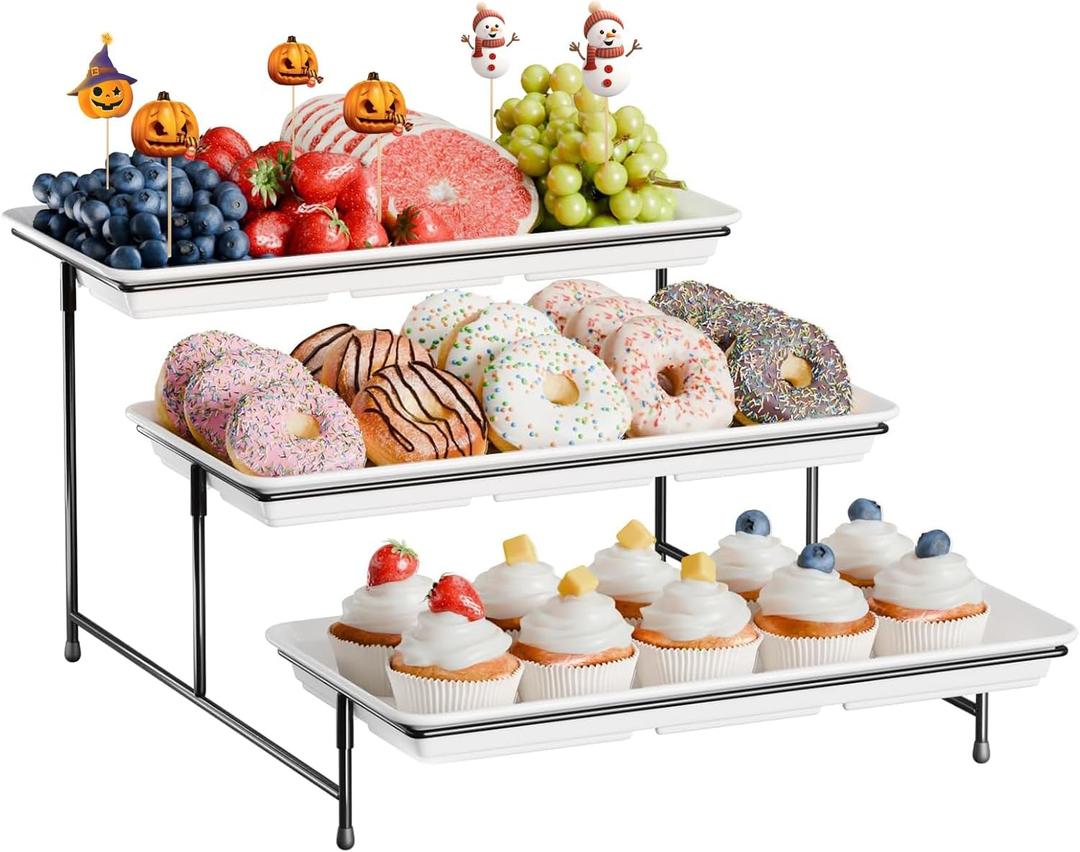 3-Tier Melamine Serving Tray Set, 14"x7" Platters for Serving Food, White Reusable Trays with Black Metal Display Stand for Cupcakes, Serving Food, Dessert, Fruit, Cookie, Black