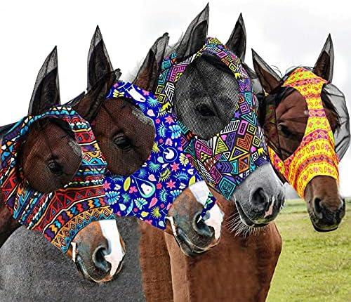 Frienda 4 Pcs Horse Fly Mask with Ears Mesh Comfort, Geometric, Large | UV Protection, Insect Pest Defense, Soft Breathable Mesh, Elastic Fit, Suitable for Horses and Foals, Outdoor Pasture, Large