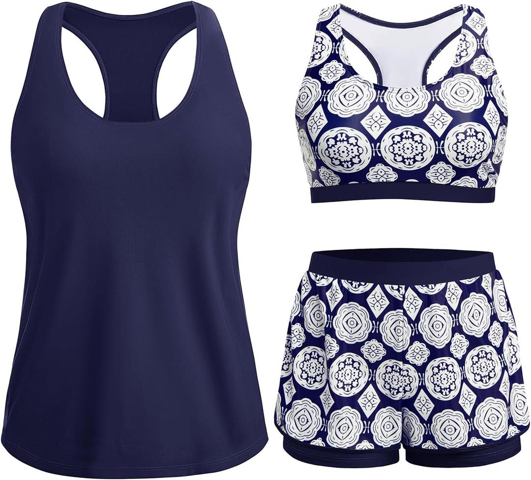 3 Piece Tankini Swimsuits Women - Athletic Swim Tank Top with Bra and Boyshorts Bathing Suits Modest Swimwear 2026 (Medium, Navy Geometry)