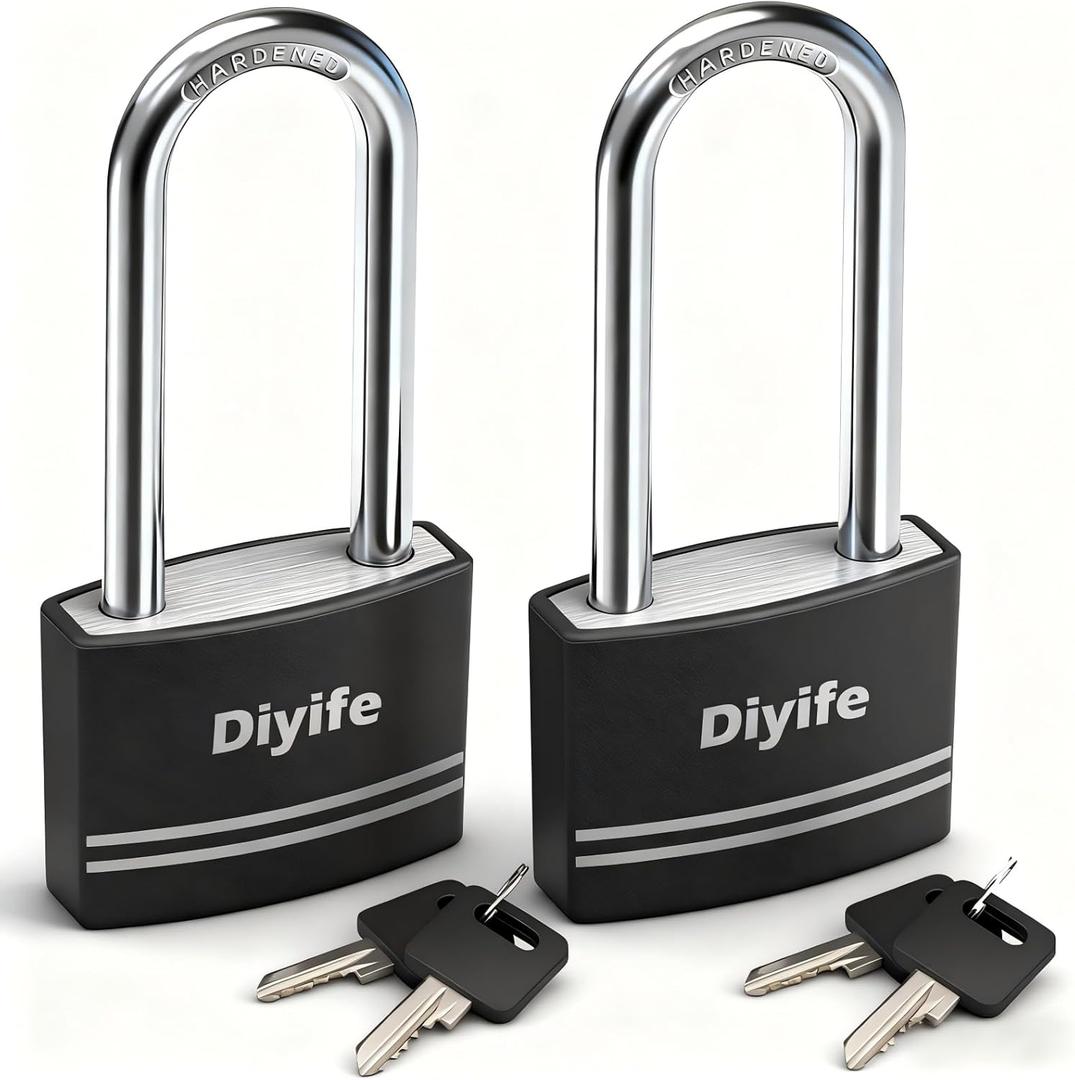 Diyife Padlock with Key, [2 Pack] [Waterproof] Lock with Key, Long Shackle Padlocks for Outdoor Anti-Rust, Small Covered Aluminum Padlock with 4 Alike Keys for Gym Locker, Fence, Shed (Black)