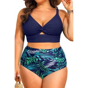Daci Plus Size Two Piece Swimsuits - Women High Waisted Bikini Tummy Control Bathing Suits Knot Twist Swimwear 2025 (Navy Leaves, 20 Plus)
