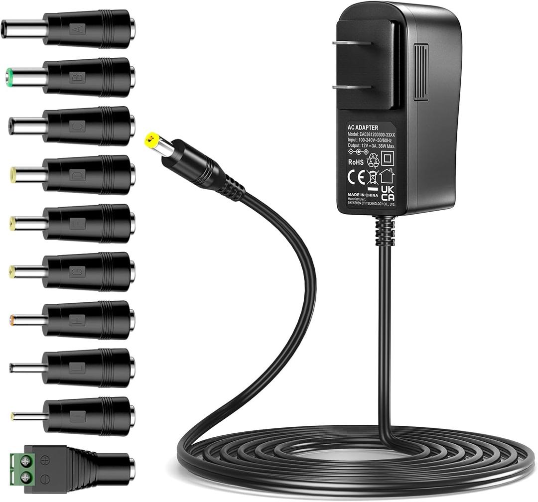 Basicvolt Universal AC Adapter 12V 3A Center Positive Power Supply 12 Volt 3 Amp 2.5A 2A 1.5A 1A 500mA Charger DC 12V Power Cord for Router DVD Player Speaker LED Strip Light CCTV Security Camera