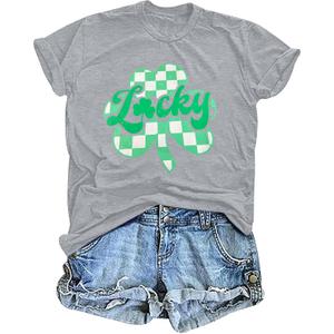 St Patricks Day Shirt Women: Lucky Shamrock Tshirt Irish Shirts St Patricks Clover Short Sleeve Tee Top (Medium, Grey)