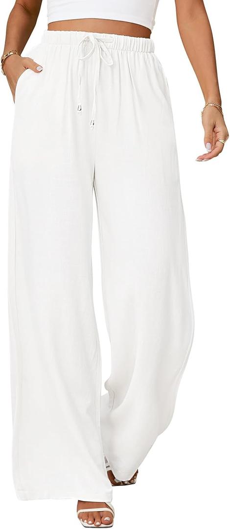 UMIPUBO Womens Linen Pants High Waisted Wide Leg Trousers Summer Palazzo Casual Pant Flowy Drawstring Beach Pants (White, S)