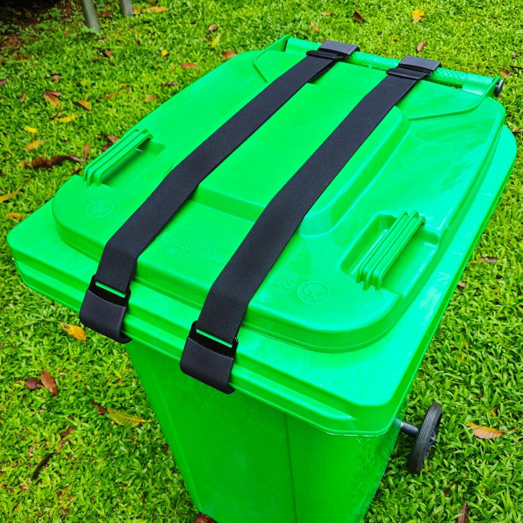 Metal Double Claw Trash Can Locks Strap for Raccoon Animals,Universal for 28-96 Gallons Trash Can Lid Lock,Black 2Pcs Adjustable Anti-rust Coating Garbage Can Bungee Cord Belt Rope Outdoor,Hook-on