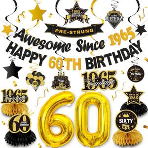 Black Gold 60th Birthday Decorations for Men Women, Vintage 1965 Happy 60th Birthday Party Banner Backdrop60 Bday Balloons Honeycomb Centerpiece Hanging Swirl Sign Supplies(Pre-Strung)