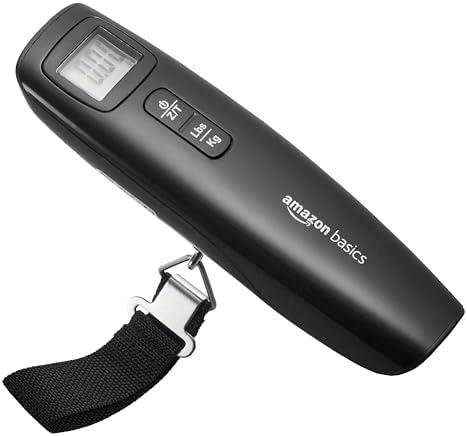 Amazon Basics Portable Digital Luggage Scale for Travel, Hanging Baggage Scale, Suitcase Weight Scale with Battery Included, Digital Display, Flexible and Sturdy Strap, 110 LBS Load, one Size, Black