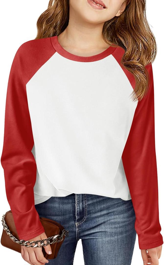 Haloumoning Kids Girls T Shirts Casual Raglan Long Sleeve Tee Crewneck Color Block Cute Fall Blouses Tops 5-14 Years (Red)