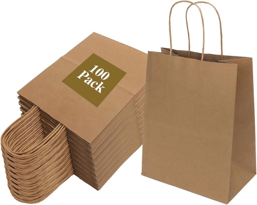 100 Pack 8x4.75x10 Inch Medium Brown Paper Bags with Handles Bulk, Joybe Kraft Paper Gift Bags for Birthday Party Favors Grocery Retail Shopping Business Goody Craft Blank Sacks (Plain Natural 100pcs)