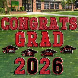 Graduation Yard Sign, 20 PCS Red Large Congrats Grad Lawn Stakes, Class of 2026 Yard Signs with Stakes, Graduation Party Decorations Outdoor, Waterproof Graduation Yard Decor for College High School
