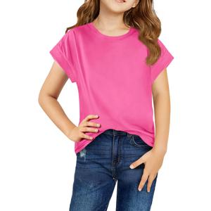 Haloumoning Girls Summer Cap Sleeve Shirts Kids Casual Cute Crewneck Tunic Tops Tees 5-14 Years, 150 (Pink)