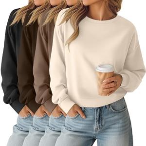 Oakgarden Sweatshirt for Women Soft Crewneck Long Sleeve Pullover Fall Winter Solid Casual Comfy Tops 4 PACK (XL, Black, Brown, Khaki, Cream)