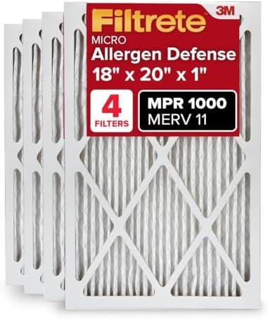 Filtrete 18x20x1 AC Furnace Air Filter, MERV 11, MPR 1000, Micro Allergen Defense, 3-Month Pleated 1-Inch Electrostatic Air Cleaning Filter, 4 Pack (Actual Size 17.81 x 19.81 x 0.81 in)