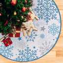 Snowflakes Christmas Tree Skirt 60 Inches Lace-up Winter Snow Extra Large Artificial Blue Xmas Tree Skirt, Stars Holiday Party Indoor Decoration Home Decor