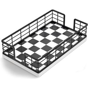 Wican Guest Towel Holder Tray for Bathroom, Oak and Iron Napkins Holder for Powder Room Dinning Table Wooden Basket for Disposable Paper Hand Towels Black and White (9.06 x 5.51 x 2.56 inches)