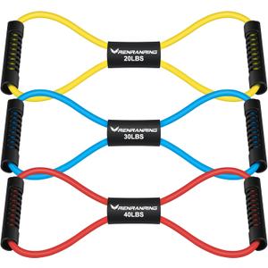 RENRANRING Figure 8 Fitness Resistance Bands with Handles - Exercise Tube Band Set of 3 for Arm and Shoulder Stretch, Rope 8 Word Elastic for Women and Men (Yellow, Blue, Red)