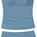 Girls Swimsuit Solid Color Tankini Contrast Trim Swimwear 2 Piece Bathing Suit Padded Swimsuits for Teens 9-16Y (11-12 Years, Haze Blue)