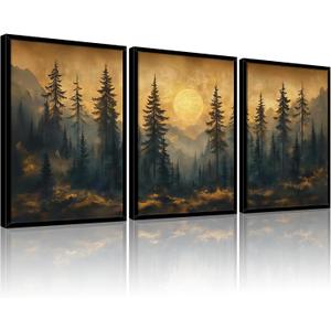 Framed 3pcs Vintage Pine Forest Wall Art Nature Landscape Full Moon Canvas Prints Woodland Picture Poster Misty Forest Paintings Wall decor for Living Room Bedroom Office Ready to Hang16x24 Inch
