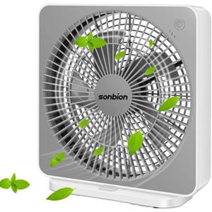 Small Box Fan, 10 inch Window Fan with 3 Speeds Strong Airflow, DC Adapter Square Table Fan for Bedroom Living Room Office Apartment, Quiet and Lightweight, 5ft Power Cord