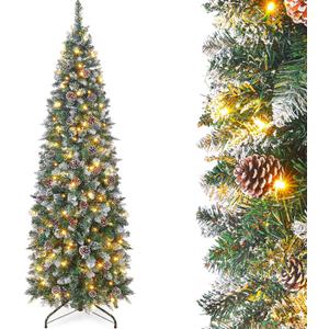 Homde Pencil Christmas Tree 6 Foot Pre-Lit Artificial Christmas Tree with Flocked Snow Pine Cone 160 Warm White Lights Holiday Decor (5ft 11in)