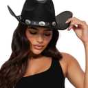 Womens Western Cowboy Hats Studded Pinched Western Cowgirl Hats Wide Brim Fedoras Hat with Belt Buckle (Size Medium) (Black)