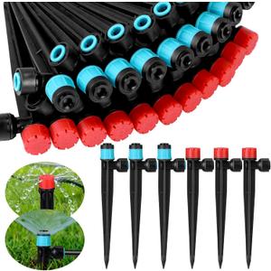 100 Pcs Drip Irrigation Emitters for 1/4" Tubing 50 Micro Irrigation Emitters Sprayer 50 Adjustable 360 Degree Water Flow Drippers for Garden Irrigation System(Red, Blue, Fast Connect)