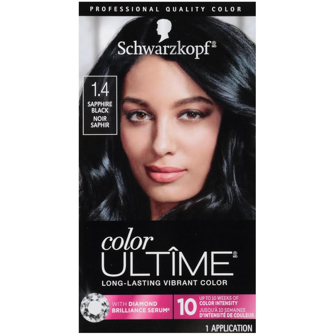 Schwarzkopf Color Ultime Hair Color, 1.4 Sapphire Black, 1 Application - Permanent Black Hair Dye for Vivid Color Intensity and Fade-Resistant Shine up to 10 Weeks