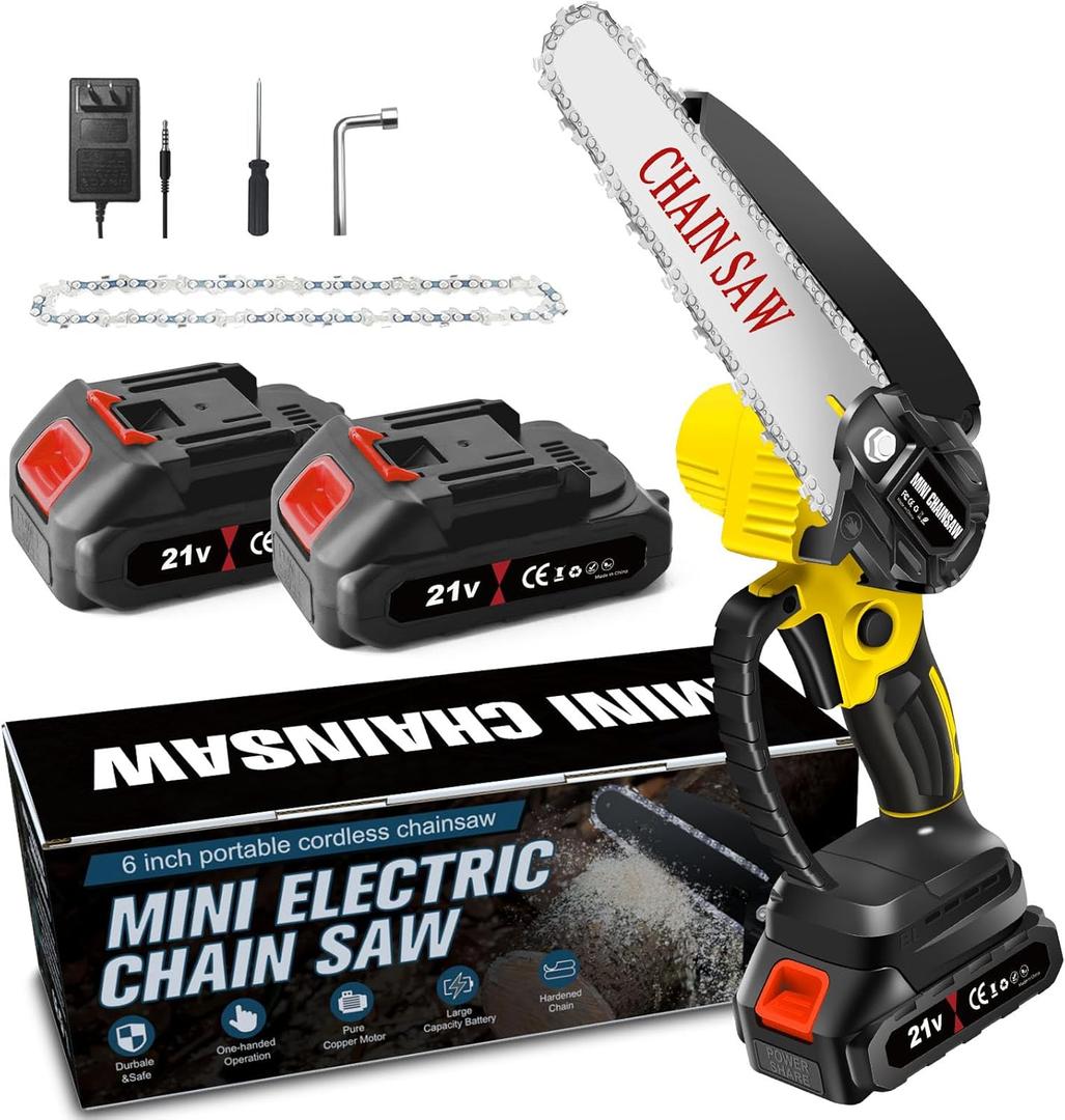 Mini Chainsaw Cordless 6 Inch, Electric Chain Saw, Portable Handheld Small Chainsaw, Battery Powered Hand Saw With Security Lock for Trees Branches Trimming Wood Cutting (Seniors Friendly)