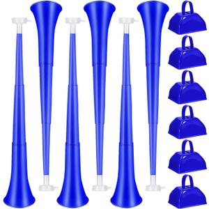 Treela 12 Pcs Collapsible Stadium Horn and Metal Cowbells 24 Inch Vuvuzela Horn Blow Plastic Trumpet Cow Bells with Handle Noisemakers for Sporting Events Graduation Games School Sports Party(Blue)