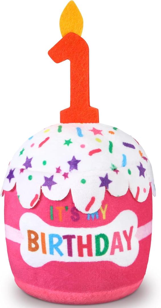 Dog 1st Birthday Cake Toy Accessories for Girl Boy Gifts, Pink Squeaky Plush Toy for Dog Birthday Party Decor Favor for Large, Medium and Small Dogs