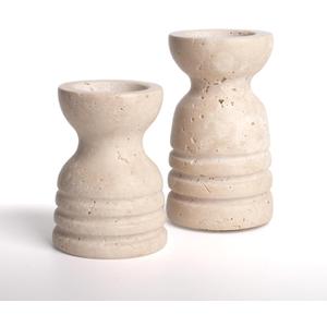 WORHE Candle Holders Italy True Natural Travertine Stone Set of 2 Premium Marble Candlestick Holder for Wedding Dinning Party Candle Stand for Dia 3/4" Taper Pillar Candles Color Beige (CH6065YL)
