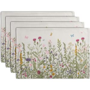 Rustic Wildflower Floral Placemats Set of 4 Spring Summer Vintage Flowers Plants Herbs Linen Table Mats 12x18 Inch Seasonal Flower Decorative Place mats for Farmhouse Kitchen Dining Decoration