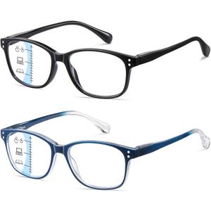 PUBOWT 2-Pack Progressive Multifocus Reading Glasses for Men Women Blue Light Readers Spring Hinge No-Line Near Range PT2013 Black+Blue（Workspace for Near Range +2.5 Strength)