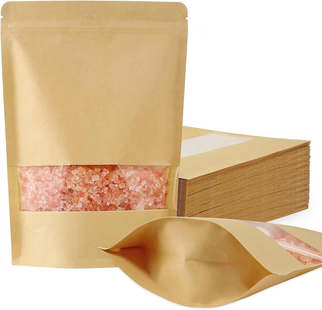 FireKylin 100 Pcs Brown Paper Bags with Window, 7.1" x 10.2" Stand Up Pouches Bags, Zipper Food Storage Bags for Packaging Products, Reusable, Sealable