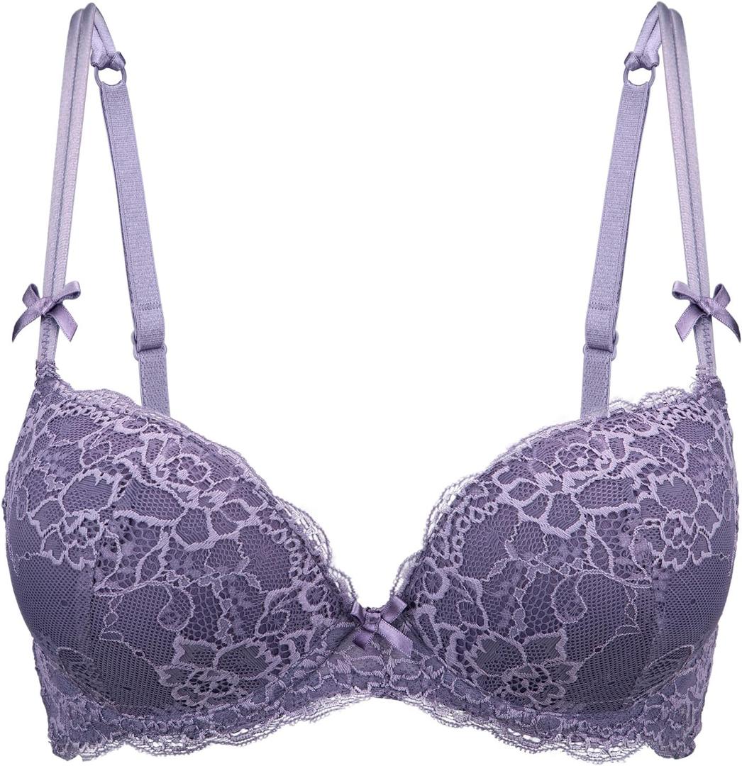 Women's Add 2 Cups Lace Push Up Bra Padded Underwire Support Plunge Full Coverage Everyday Lift Bra (Purple, 34C) (Purple)