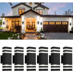tewei 6 Pack Outdoor Wall Lights, Black Exterior Light Fixture Wall Mount Modern Outdoor Lights for House, Waterproof Aluminum Up and Down Porch Lights Outside Wall Sconces for Garage Porch, 2-Layer