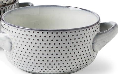 MONITO 16 Ounce French Onion Soup Bowls, 4PCS Reactive Glaze Ceramic Bowls with Handles, Stackable Soup Crocks, Oven/ Microwave/ Dishwasher Safe, for Cereal, Pasta, Chilli, Beef Stew, White-blue