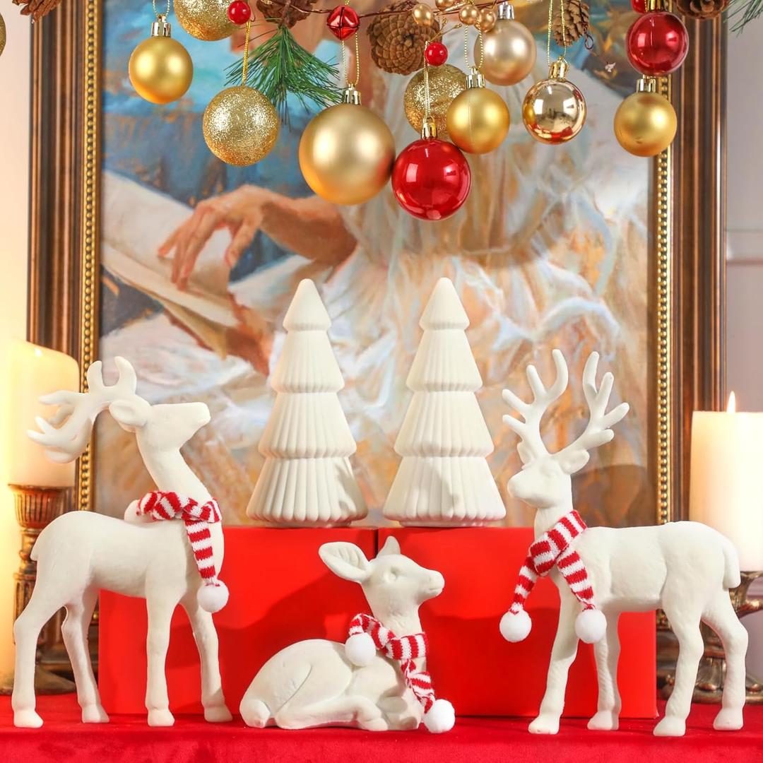 Lanpn 5 Pcs Christmas Velvet Reindeer & Tree Figurine Set, Flocking Xmas Reindeer Cone Trees Statue, Christmas Deer Decoration Elk Sculpture Home Tabletop Mantle Winter Holiday Decor, White