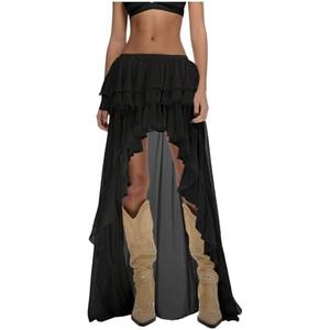 Verdusa Women's Western Ruffle Waterfall High Low Maxi Skirt Boho Tiered Layered Skirts Cowgirl Outfits 2026 XS