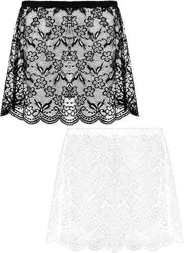 Fourluoo 2 Pcs Lace Shirt Extender for Women Underskirt Black and White Ruffle Mini Skirt Adjustable Layering Half Slip (Classic Style,L)