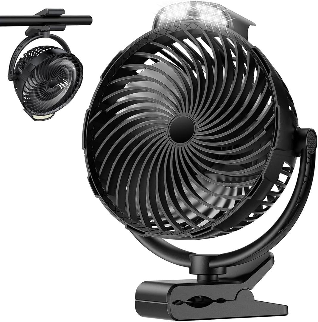 8-Inch Rechargeable Clip on Fan, 10000mAh Portable Camping Fan with LED Light, 9-Speed Ultra Quiet Airflow, 30H Runtime, 360 Rotating Desk Fan for Golf Cart, Bedroom, Office, Dorm, Black