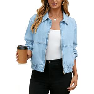 Yeokou Women's Cropped Zip Up Denim Bomber Jacket Elastic Hem Cuffs Stretch Jean Coat for Casual Daily & Commute M