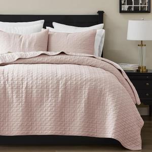 palassio Pink 100% Cotton Quilt Queen Size Bedding Sets with 2 Pillow Shams, Textured Lightweight Soft Bedspread Shabby Chic Coverlet, Quilted Comforter Bed Cover for All Season, 3 Pieces (Queen(90"x96")