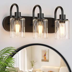 Baocuz 3Light Bathroom Light Fixtures, Black Vanity Light Farmhouse Wall Sconces with Clear Glass Shade, Modern Bathroom Wall Lamp for Mirror Bedroom Hallway Living Room Cabinet