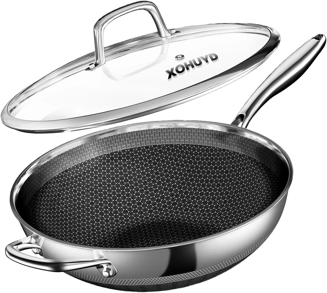 XOHUYD Wok Pan, 13-Inch Stainless Steel Woks & Stir-Fry Pans Nonstick, Wok Pan with Lid for Induction, Electric, Gas, Halogen, All Stoves, Professional PFOA Free Cookware, Dishwasher & Fast Heat