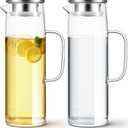 Hsei 2 Sets Glass Pitcher with Lid, 50 oz / 1500 ml Water Carafe with Handles Hot Cold Beverage Water Jar Glass Jug for Tea Juice Milk Coffee Iced Beverage (Stainless Steel Lid)