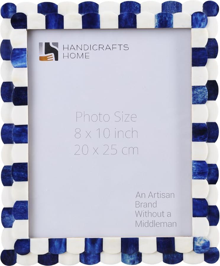 Handicrafts Home 8x10 Picture Frame Blue & White, Scalloped Bone Inlay Photo Frame, Handmade Decorative Picture Frame for Wall or Tabletop, Coastal Modern Home Decor